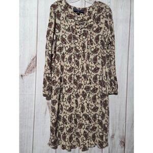 Denim 24/7 Dress Womens Large 18/20 Beige Brown Paisley Long Sleeve Boho Lace Up
